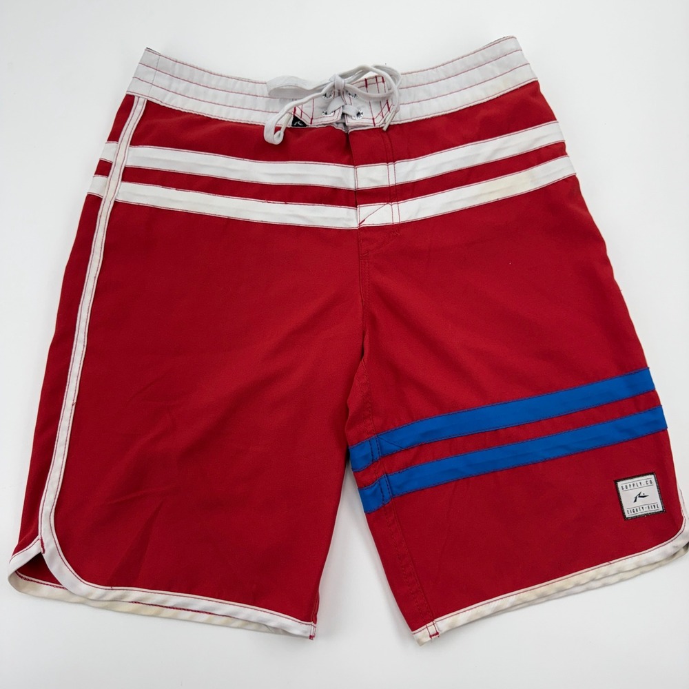 Vintage Rusty Mens Red/ White/ Blue Striped Board Shorts Swim Trunks Size 30